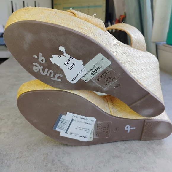 Schutz Tarla Platform Wedge Sandals Womens 8.5B Straw Basket Weave Tropical - Picture 11 of 15